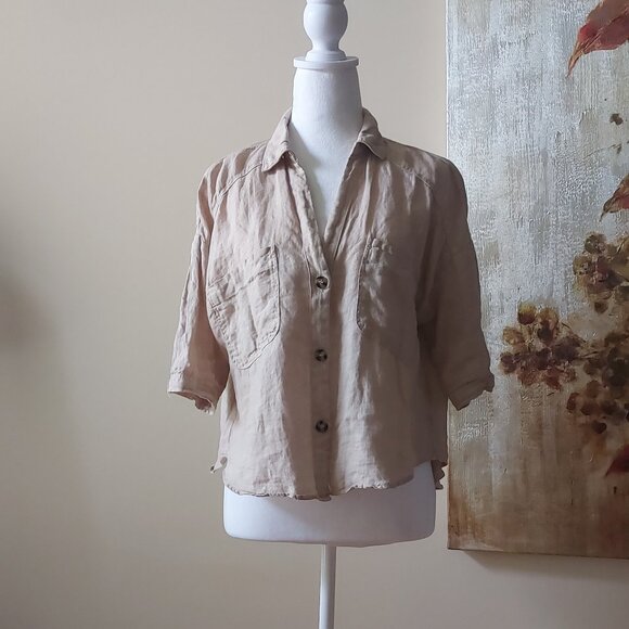 Zara Beige Cropped Linen Shirt Sz M - Picture 2 of 9